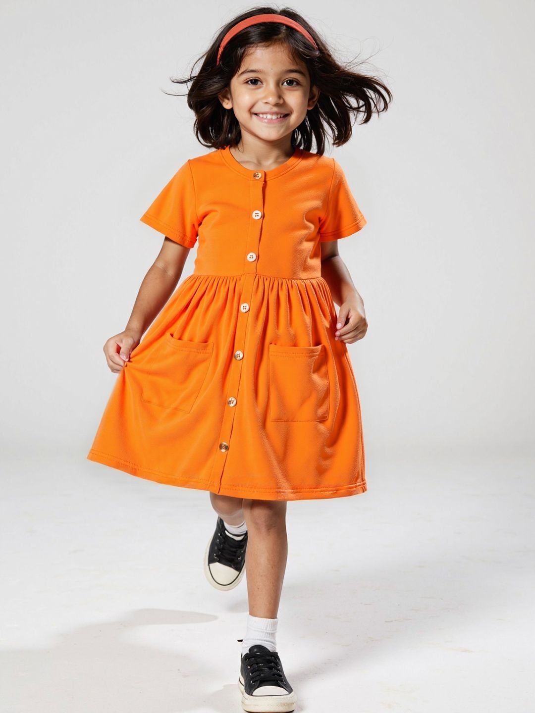 Nautinati Girls' Solid Fleece Round Neck Dress with Pockets