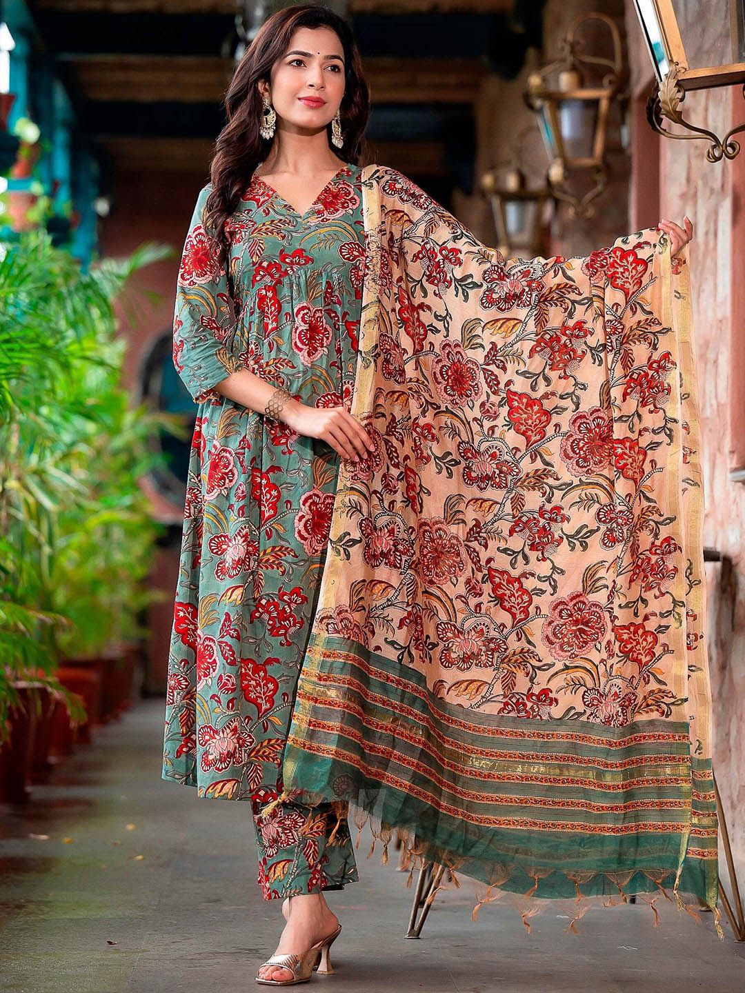 KALINI Floral Printed Empire Kurta with Trousers & Dupatta