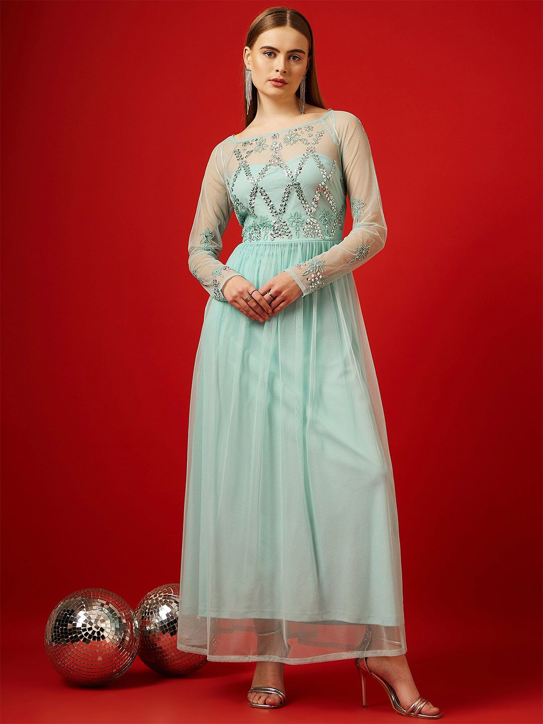 STREET 9 Turquoise Blue Embellished Net Maxi Dress