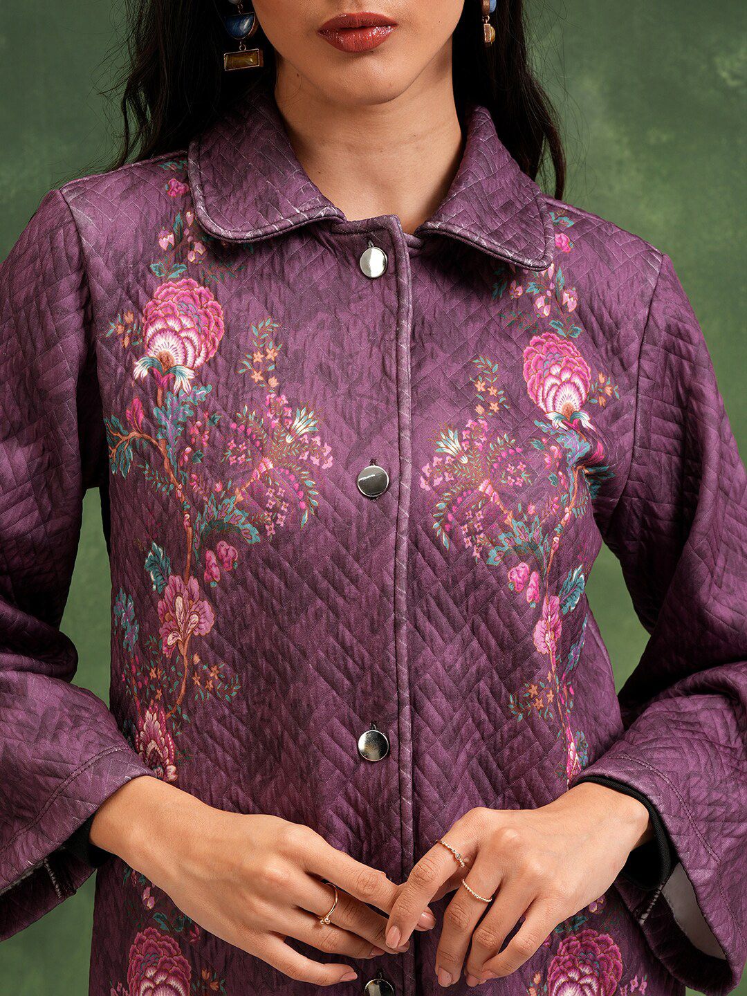 Vishudh Floral Printed Spread Collar Longline Quilted Jacket
