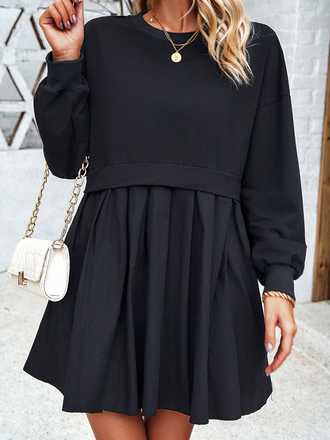 all about you Round Neck Cuffed Sleeves Pleated Cotton Fit & Flare Dress