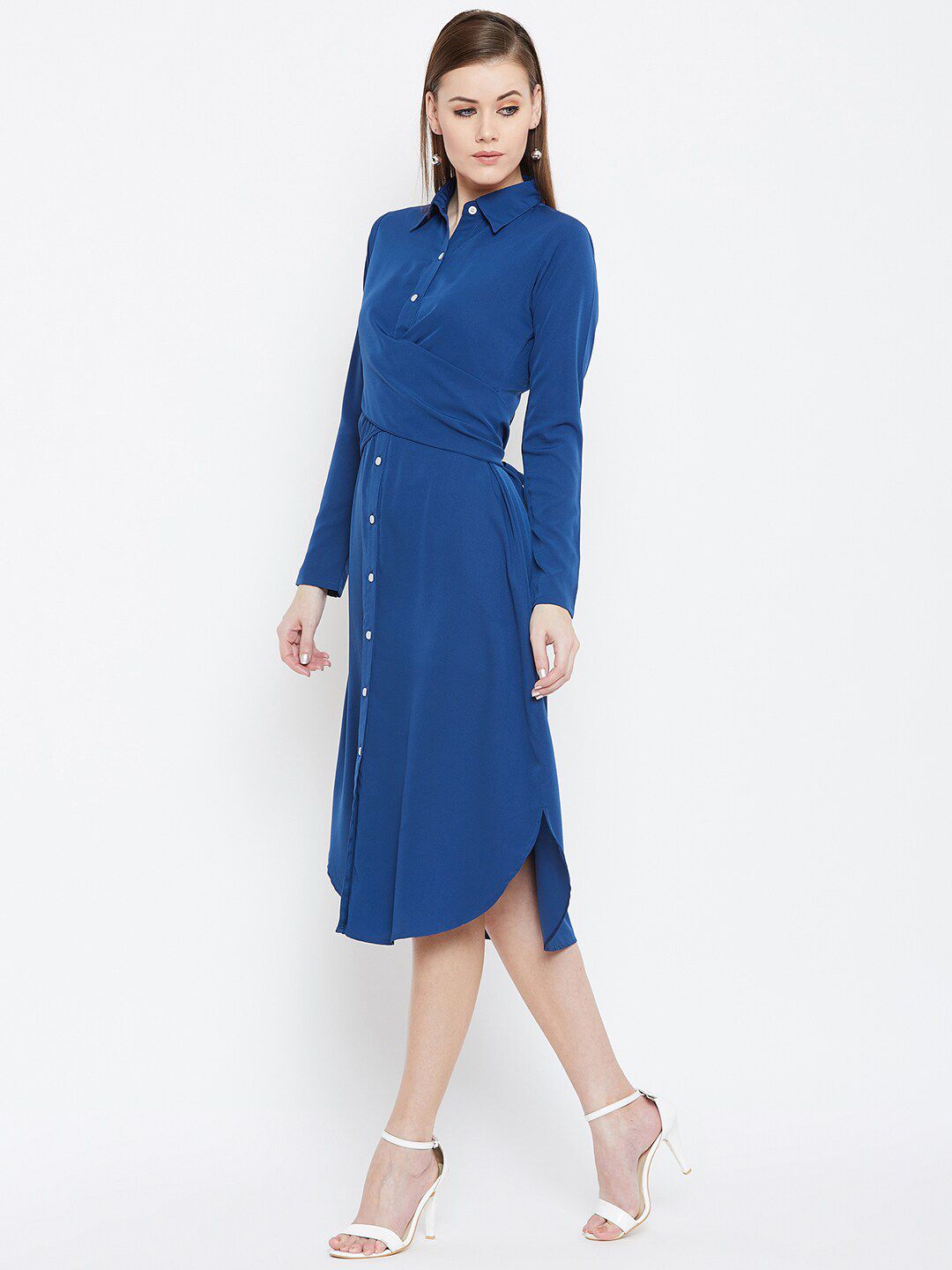 Berrylush Blue Layered Crepe Shirt Midi Dress