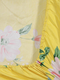 KLOTTHE Yellow & Pink Floral Printed 300 TC Fitted King Bedsheet With 2 Pillow Covers