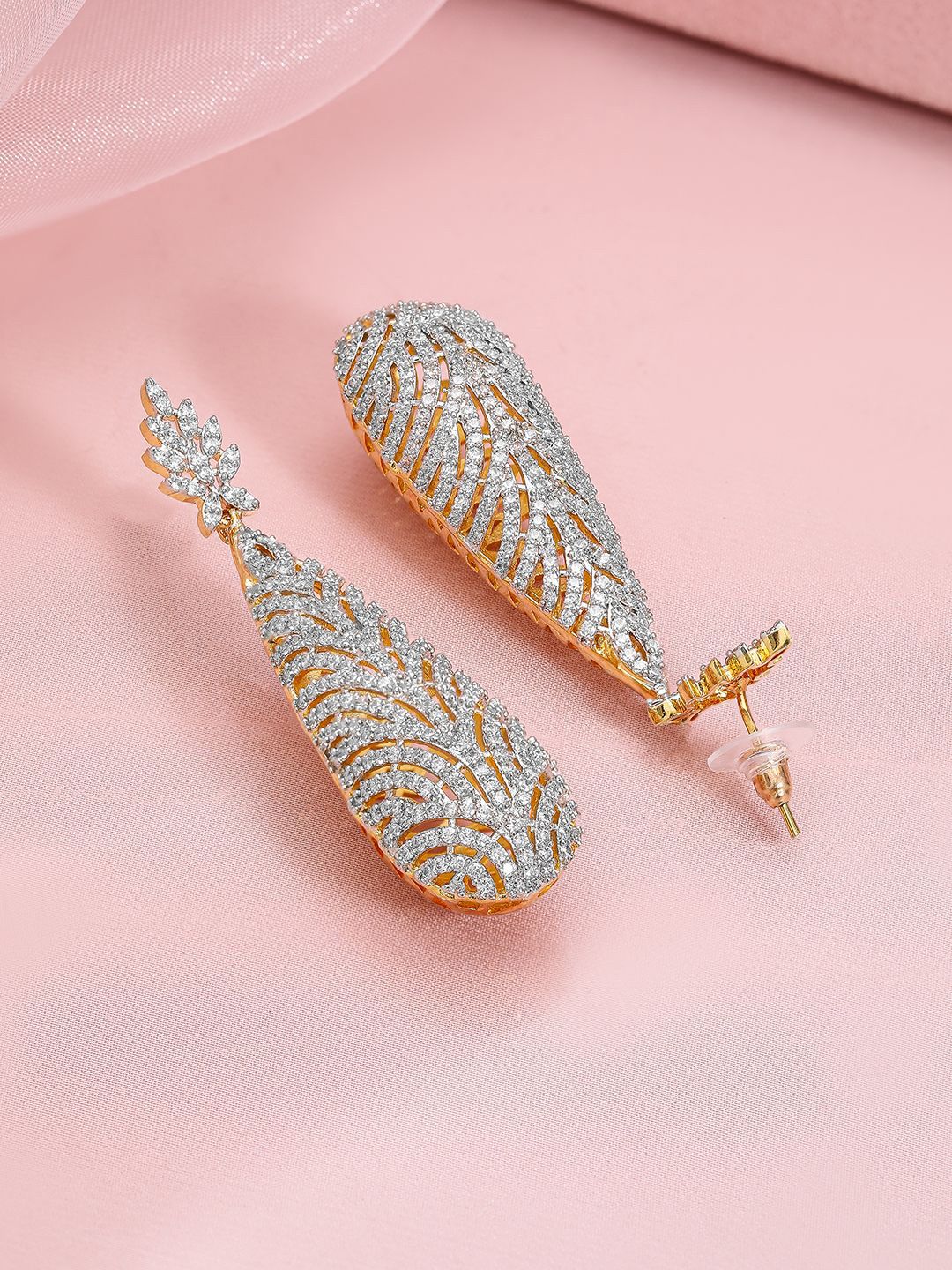 Rubans 22K Gold-Plated Cubic Zirconia Studded Premium Statement Drop Earrings