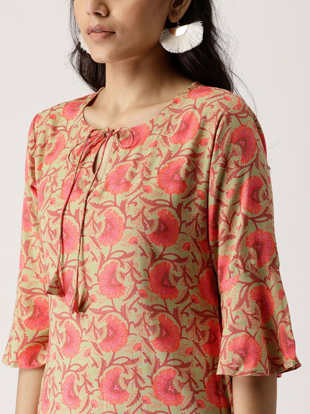 Libas Women Green & Coral Pink Printed Kurta with Palazzos