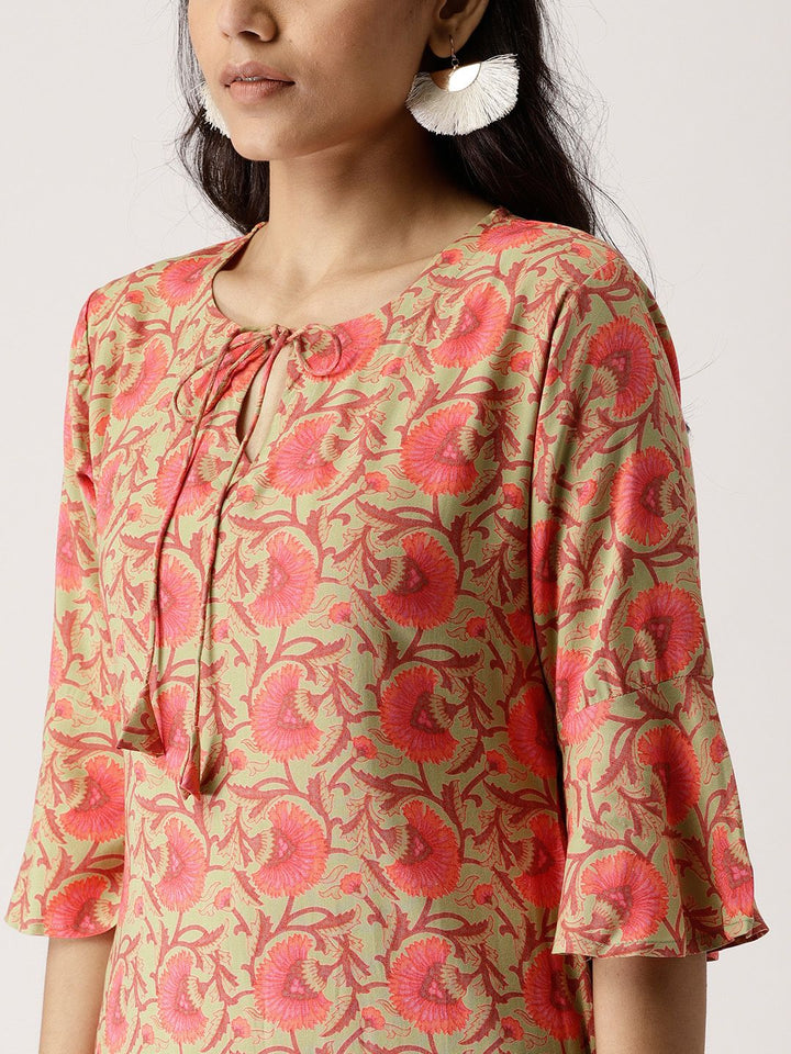 Libas Women Green & Coral Pink Printed Kurta with Palazzos