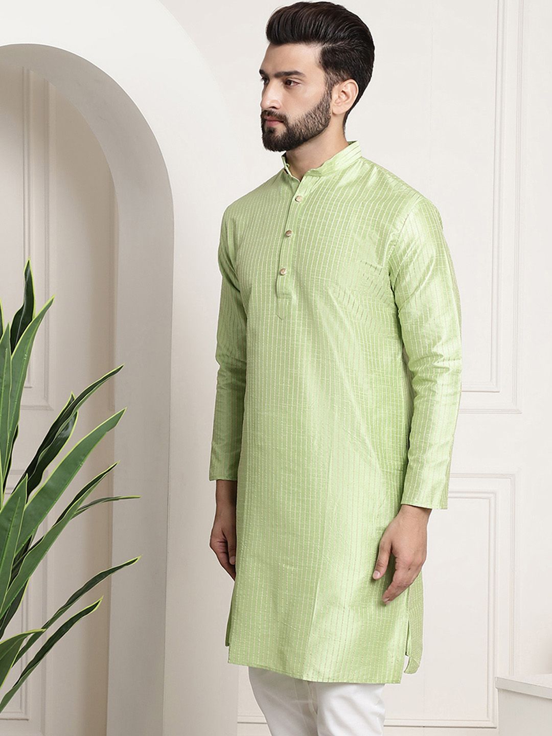 SOJANYA Striped Band Collar Long Sleeves Straight Kurta