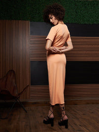 Athena Peach-Coloured Round Neck Short Sleeves Cut-Outs Sheath Midi Dress