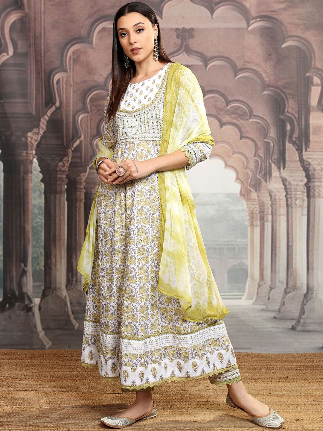 Vishudh White Printed Thread Work Pure Cotton Anarkali Kurta With Trousers & Dupatta