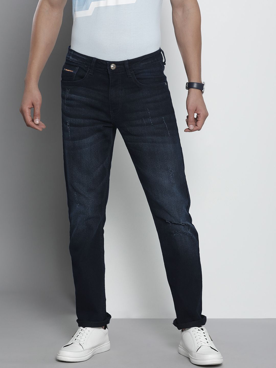 The Indian Garage Co Men Slim Straight Fit Low Distress Light Fade Stretchable Jeans