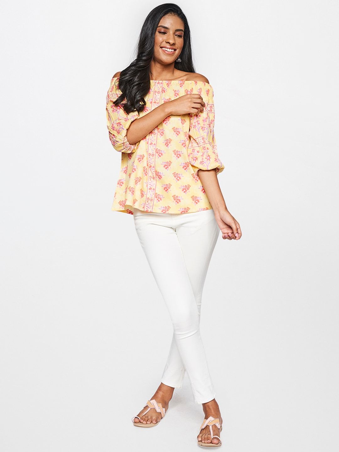 Global Desi Women Yellow & Pink Floral Printed Off-Shoulder Top