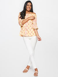Global Desi Women Yellow & Pink Floral Printed Off-Shoulder Top