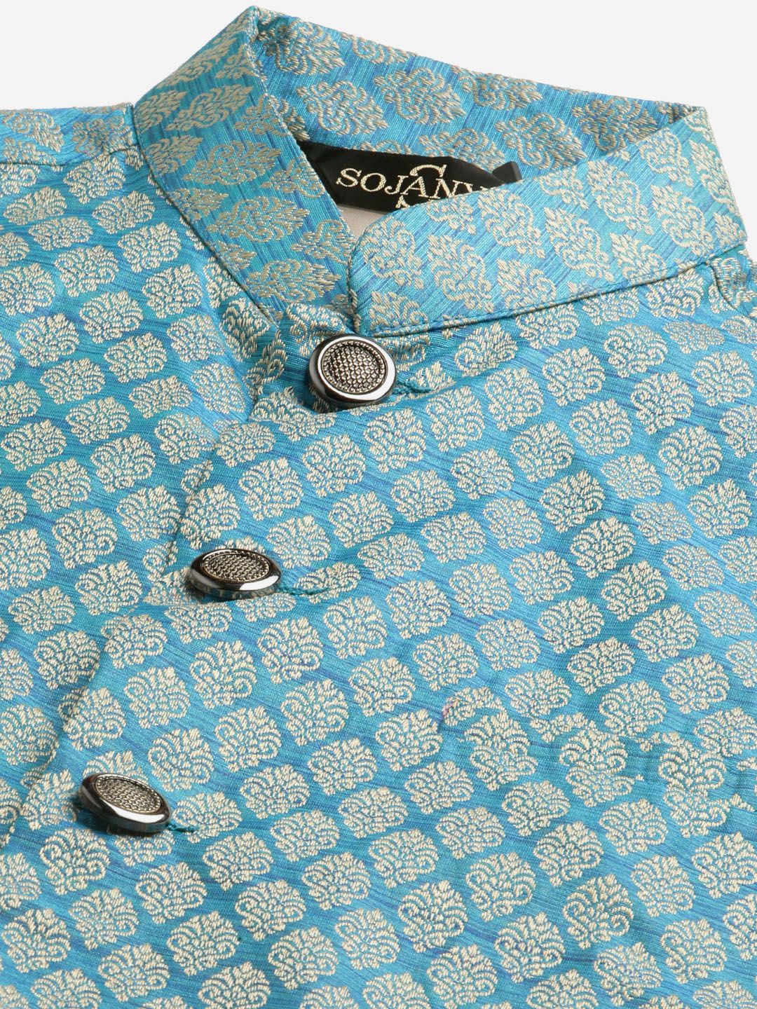 SOJANYA Kurta Motif Etnik Biru Oren & Biru Teal dengan Jaket Churidar & Nehru