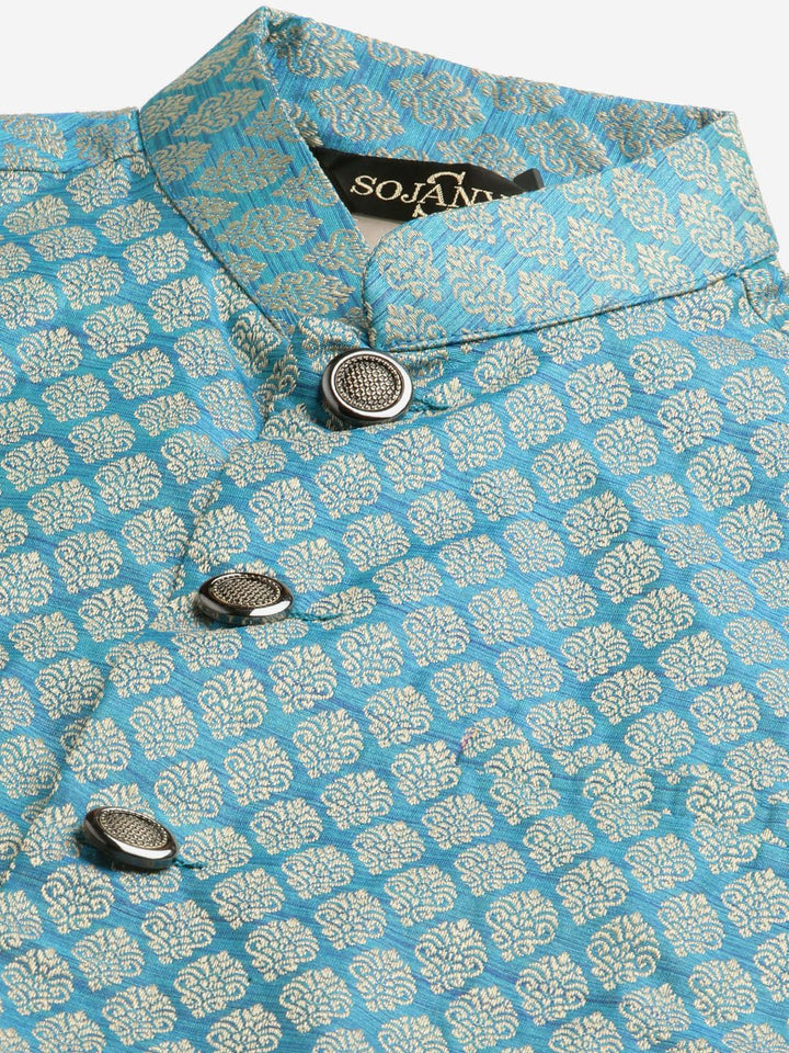 SOJANYA Kurta Motif Etnik Biru Oren & Biru Teal dengan Jaket Churidar & Nehru