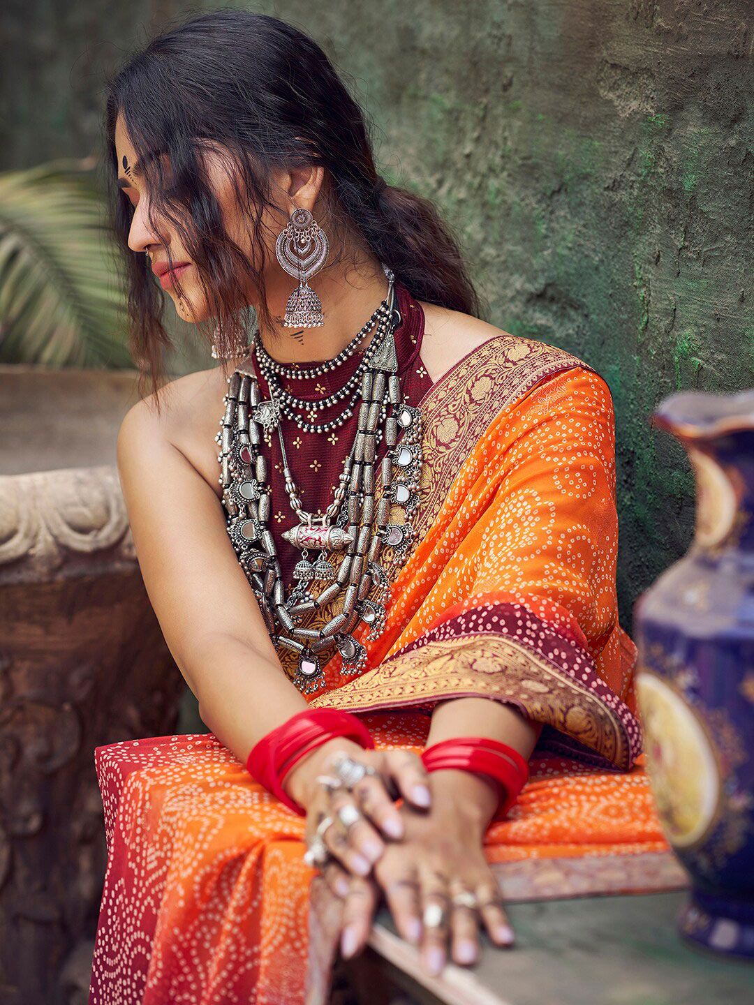 Saree mall Orange & Mauve Bandhani Printed Zari Pure Georgette Saree