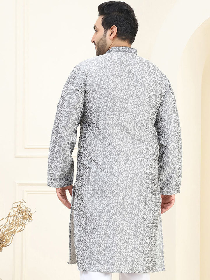 SOJANYA PLUS Men Grey & Off White Ethnic Motifs Embroidered Thread Work Kurta