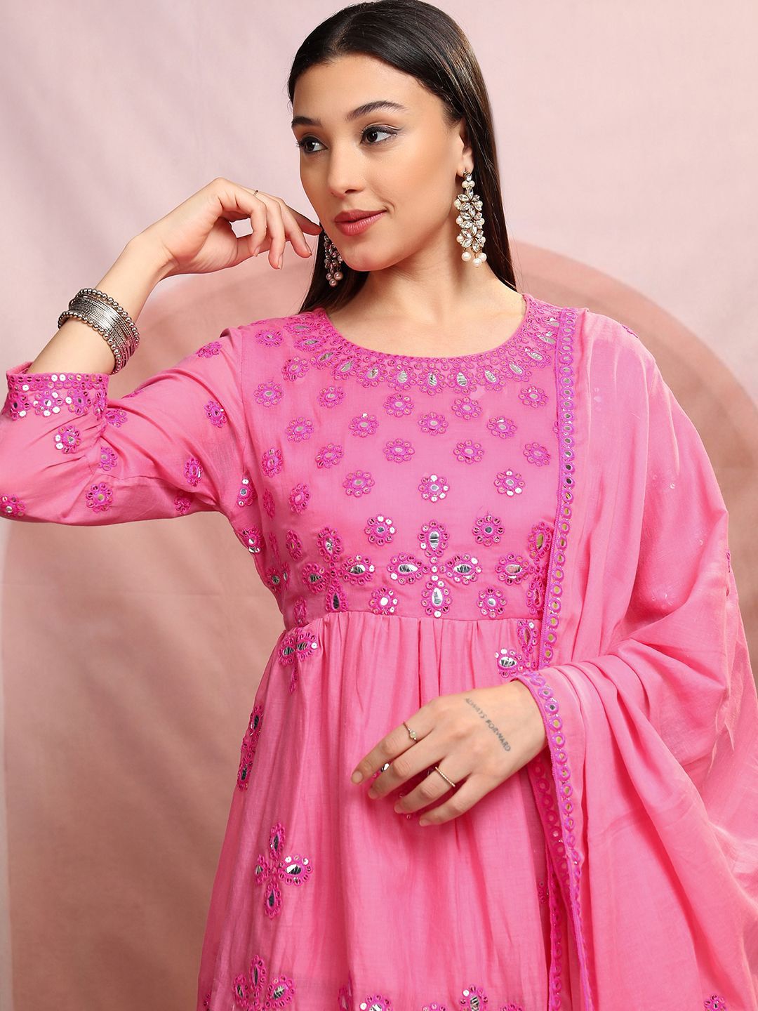 Vishudh Pink Embroidered Mirror Work Pure Cotton A-Line Kurta With Sharara & Dupatta