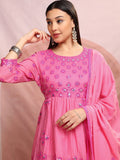 Vishudh Pink Embroidered Mirror Work Pure Cotton A-Line Kurta With Sharara & Dupatta