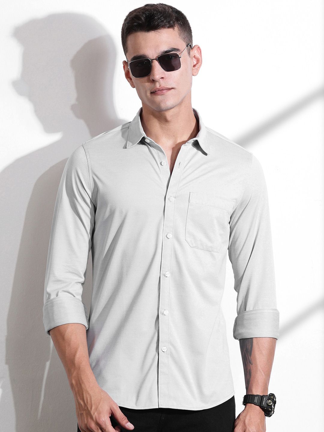 Thomas Scott Men Classic Slim Fit Spread Collar Solid Cotton Knitted Shirt