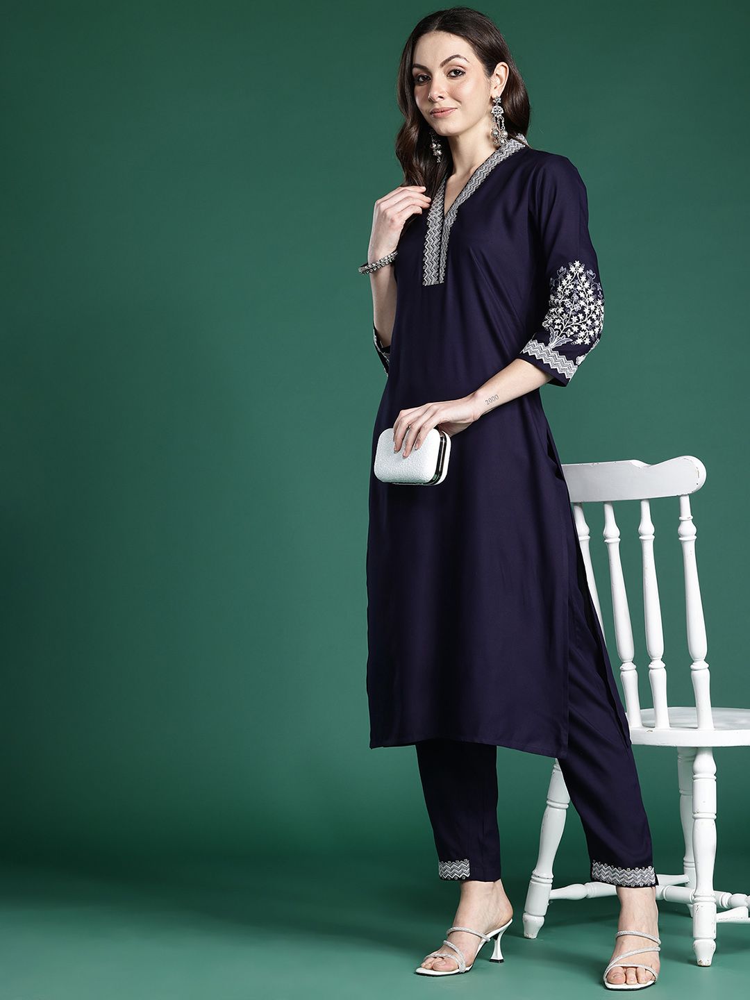 Indo Era Floral Embroidered Sequinned Kurta with Trousers