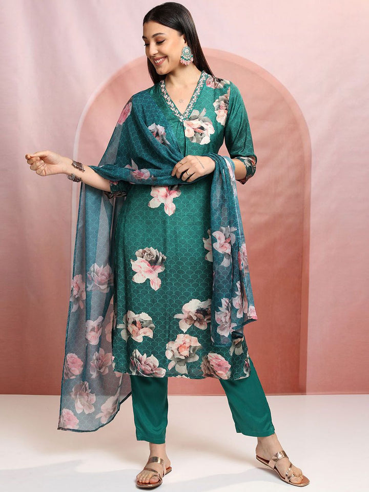 Vishudh Green Floral Printed Thread Work Straight Kurta With Trousers & Dupatta