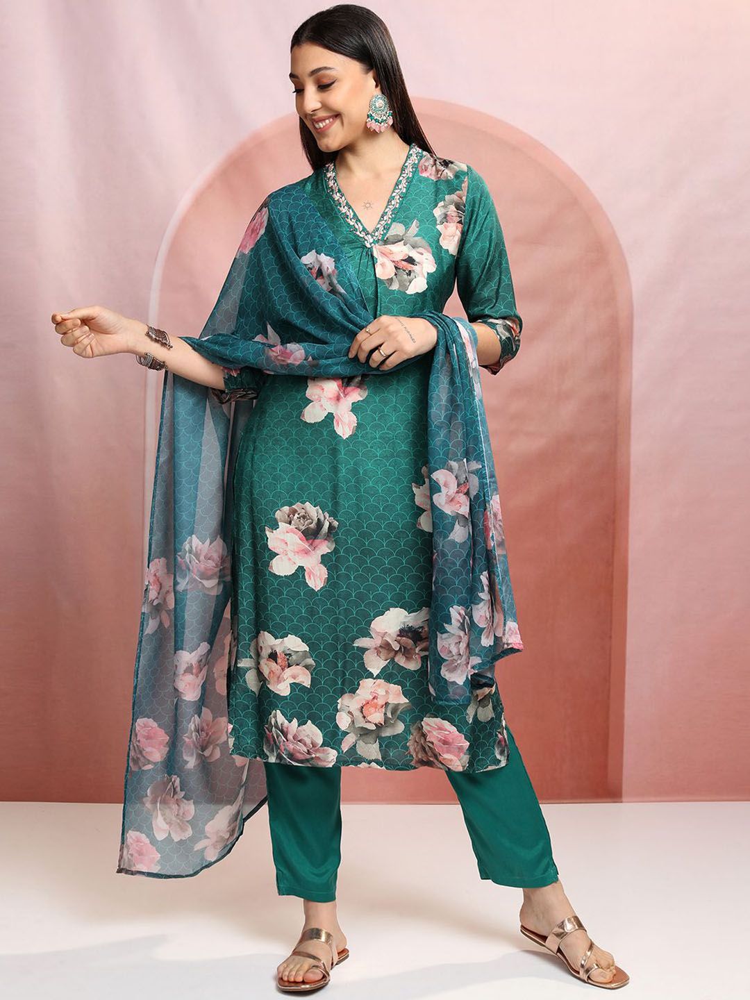 Vishudh Green Floral Printed Thread Work Straight Kurta With Trousers & Dupatta