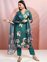 Vishudh Green Floral Printed Thread Work Straight Kurta With Trousers & Dupatta