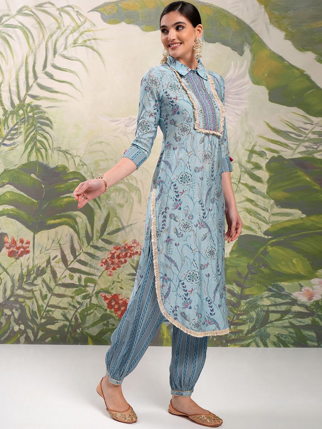 Vishudh Blue Floral Printed Shirt Collar Thread Work Straight Kurta With Salwar & Dupatta