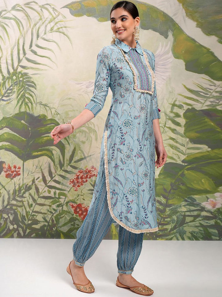 Vishudh Blue Floral Printed Shirt Collar Thread Work Straight Kurta With Salwar & Dupatta