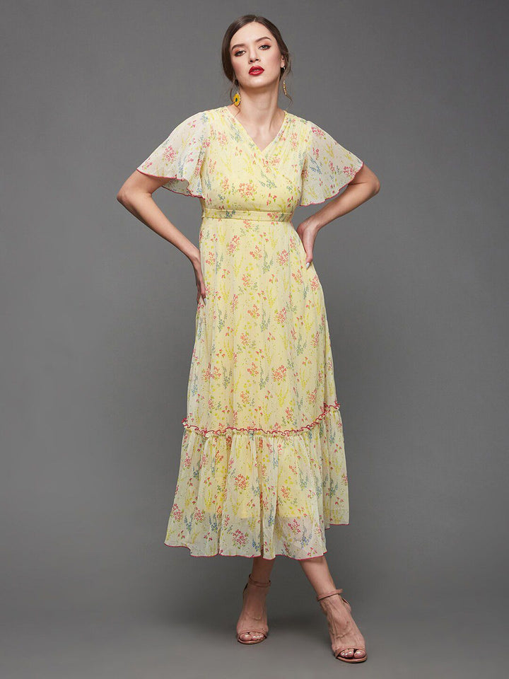 Miss Chase Floral Printed Flared Sleeves Chiffon A-Line Midi Dress