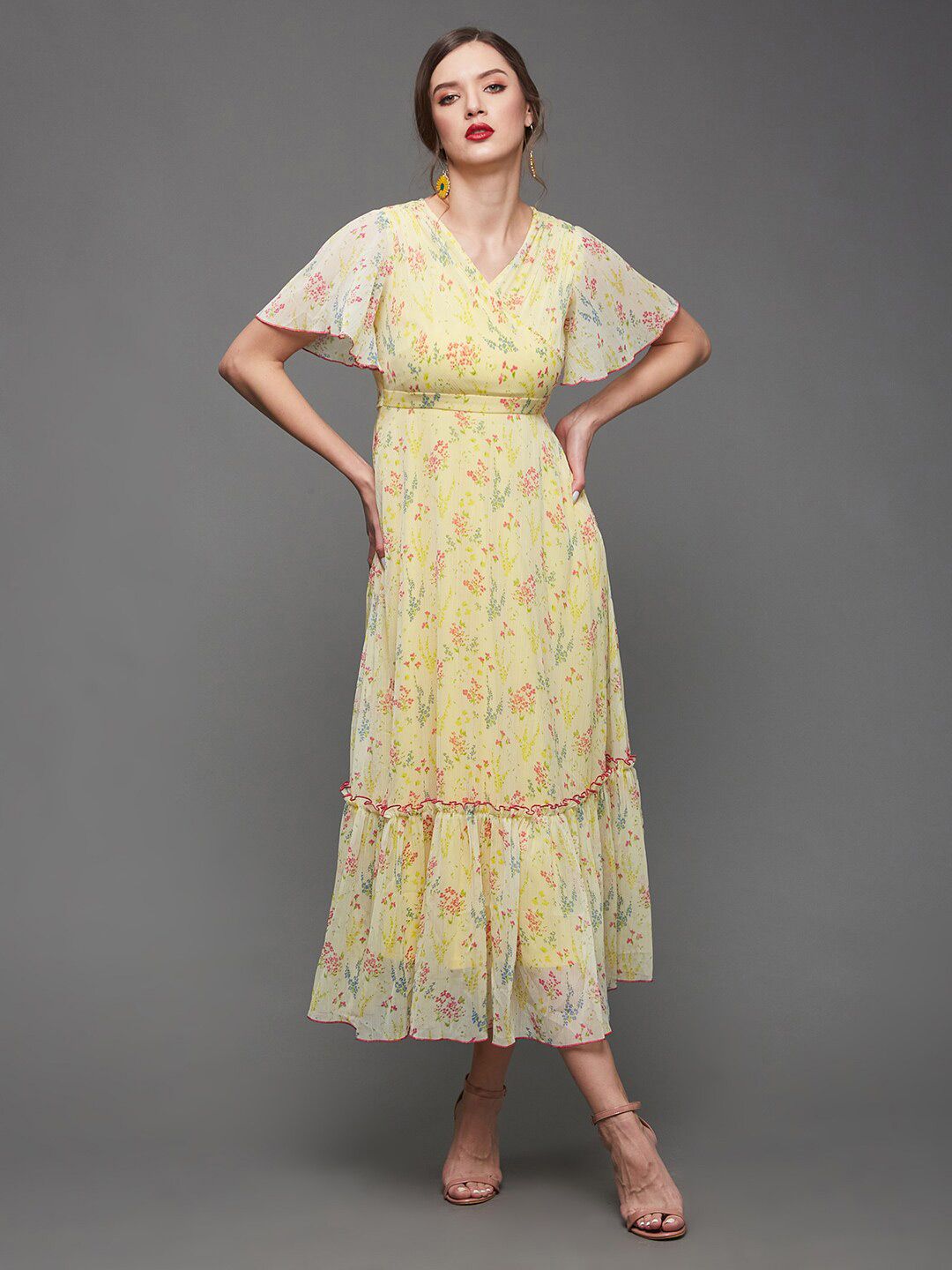 Miss Chase Floral Printed Flared Sleeves Chiffon A-Line Midi Dress