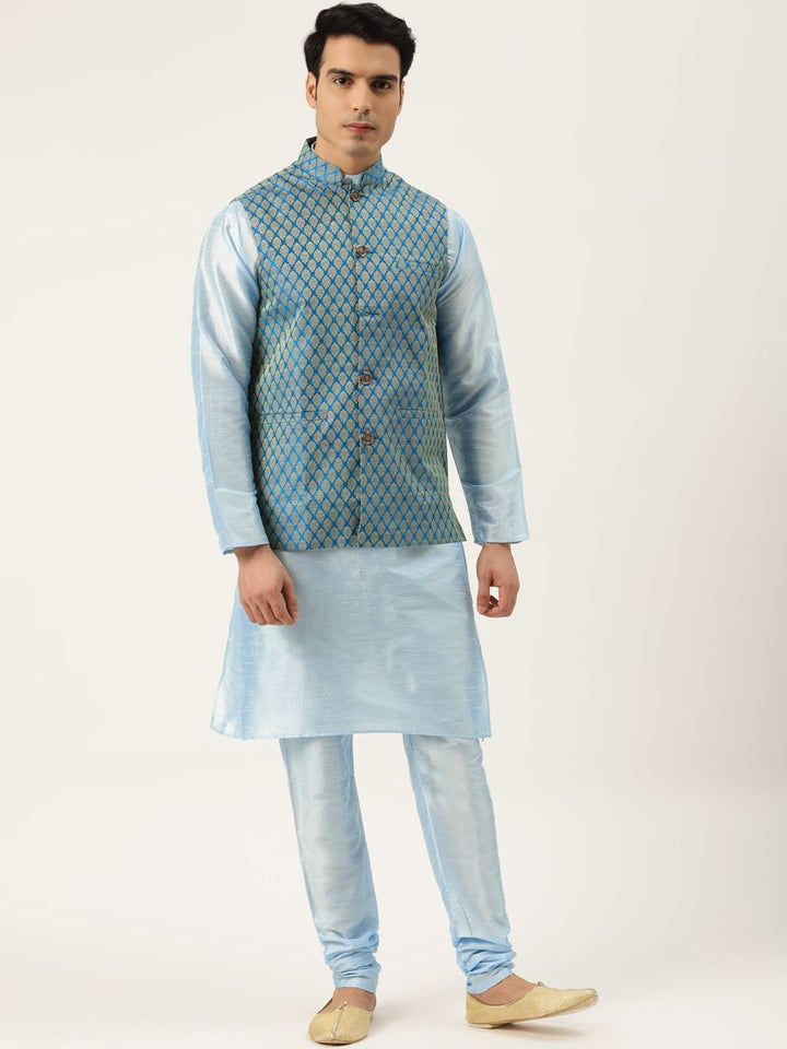 SOJANYA Men Blue Kurta with Churidar & Nehru Jacket