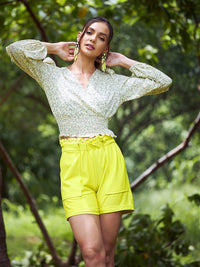 Athena Women Yellow Floral Print Smoked Detail Peplum Top