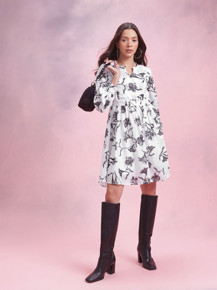 DressBerry Floral Print A-Line Dress with Lace-Details