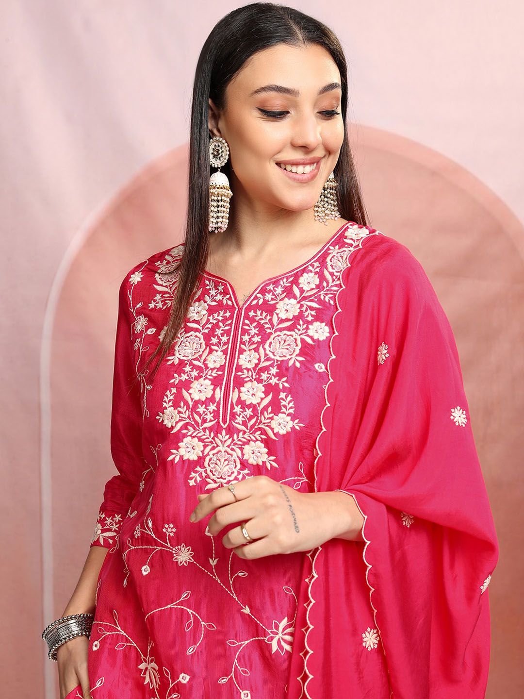 Vishudh Pink Floral Embroidered Thread Work Straight Kurta With Trousers & Dupatta