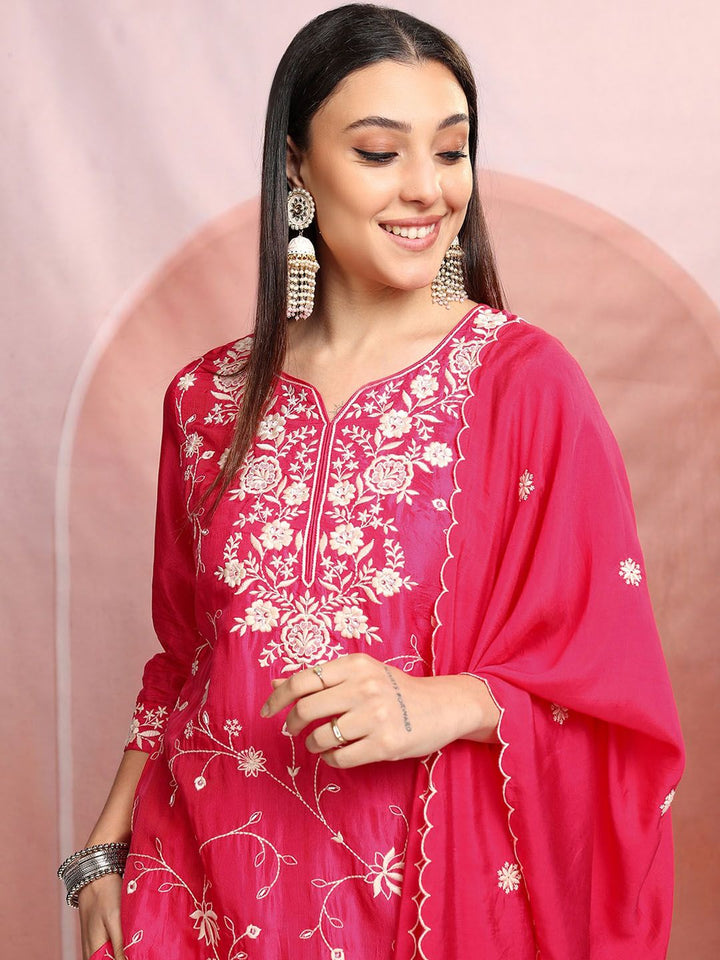 Vishudh Pink Floral Embroidered Thread Work Straight Kurta With Trousers & Dupatta