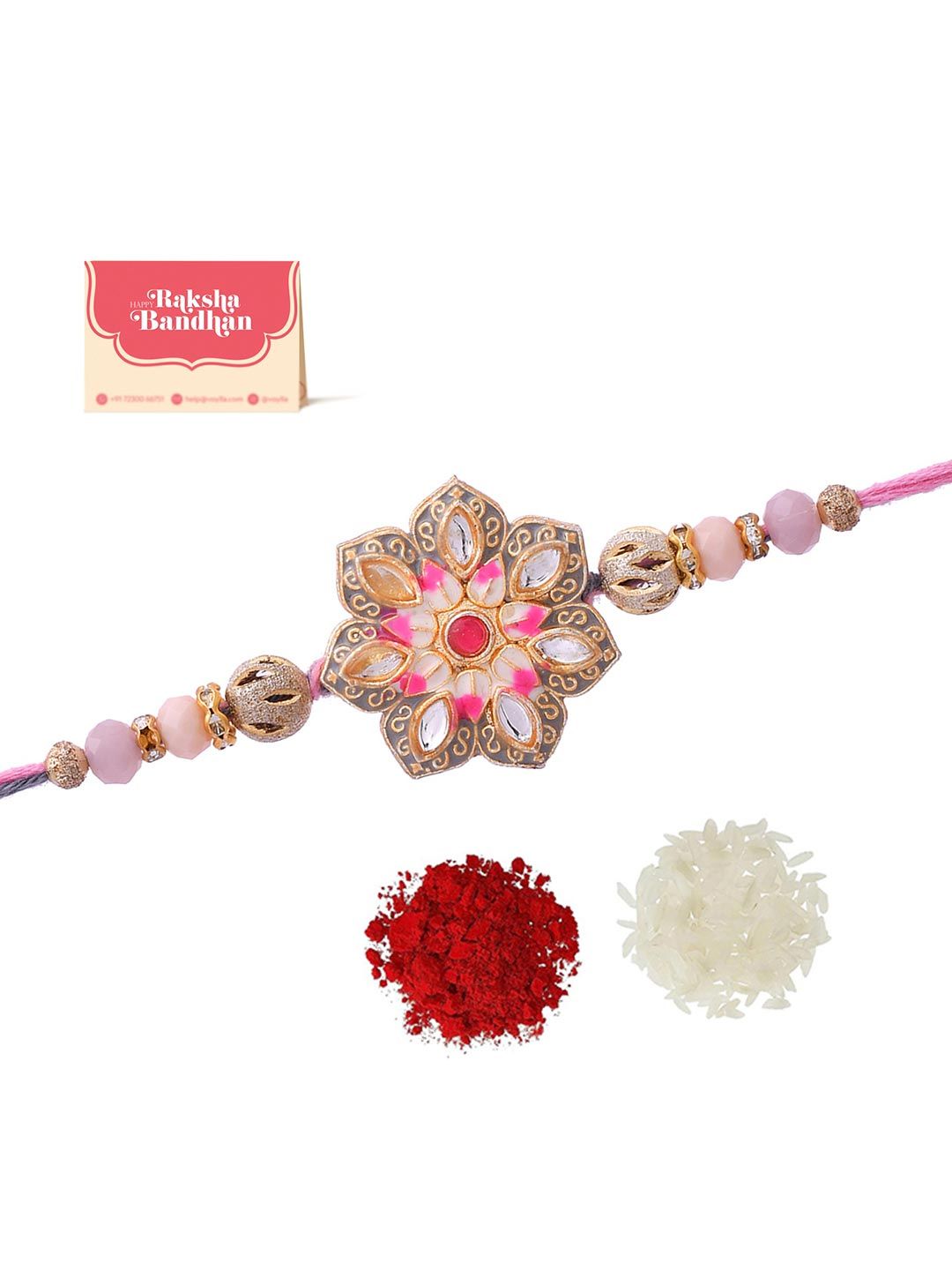 Voylla Meenakari Kundan Embellished Pink Floral Enamel Work Rakhi