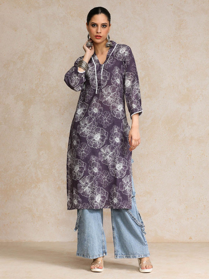 Varanga Floral Printed V-Neck Straight Cotton Kurta