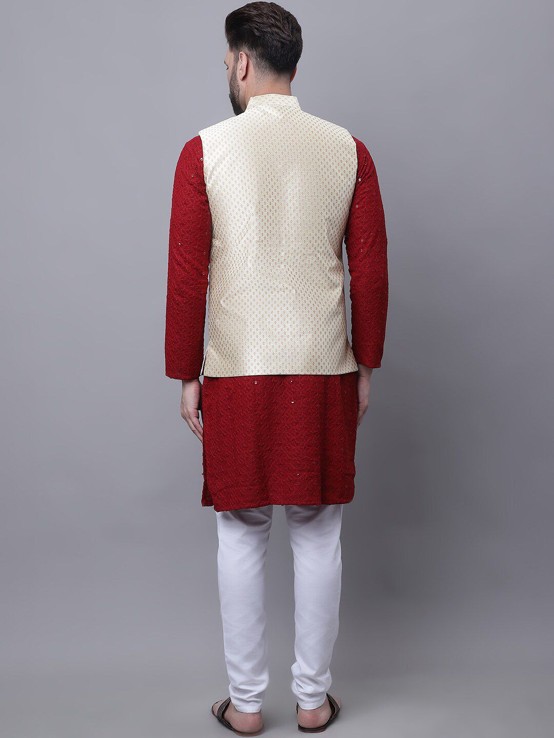 SOJANYA Sequinned Pure Cotton Kurta With Churidar & Ethnic Motifs Embroidered Nehru Jacket