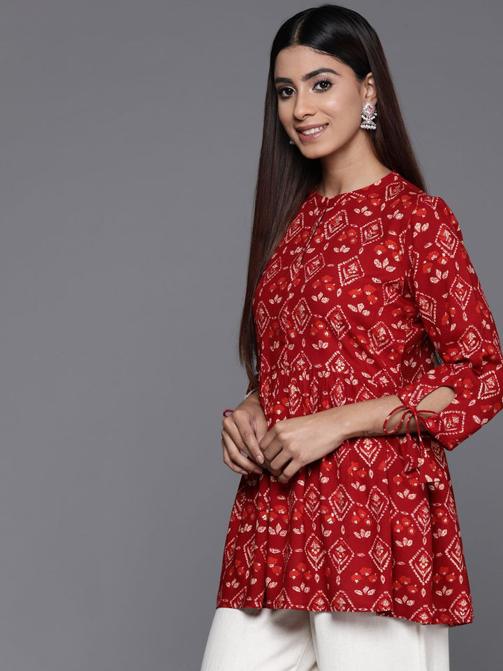 Libas Floral Print Band Collar  Tie-Up Sleeves Pleated Kurti