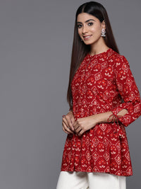 Libas Floral Print Band Collar  Tie-Up Sleeves Pleated Kurti