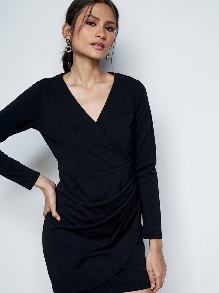 AND V-Neck Long Sleeves Wrap Dress