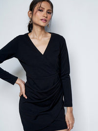 AND V-Neck Long Sleeves Wrap Dress