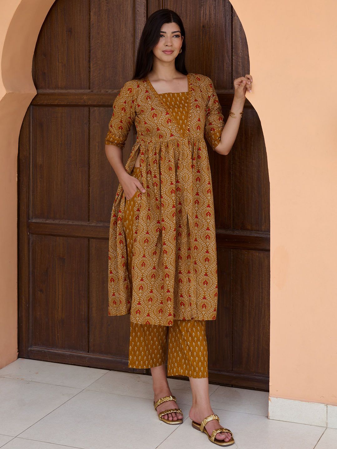 Libas Women Ethnic Motifs Printed Pleated Sequinned Pure Cotton Kurta with Palazzos