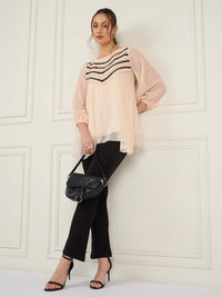 Antheaa Peach-Coloured Self Design Cuffed Sleeves Lace Inserts Chiffon A-Line Top