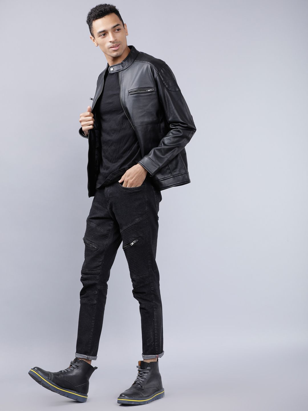 HIGHLANDER Men Black Solid Biker Jacket