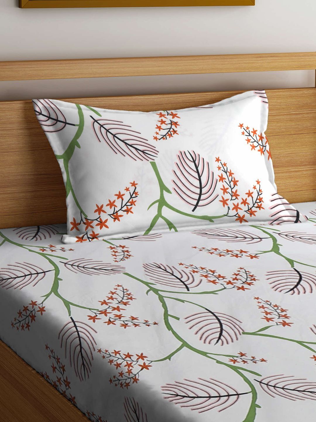 Myntra Elegant Homes White & Green Floral 300 TC Single Bedsheet with 1 Pillow Covers