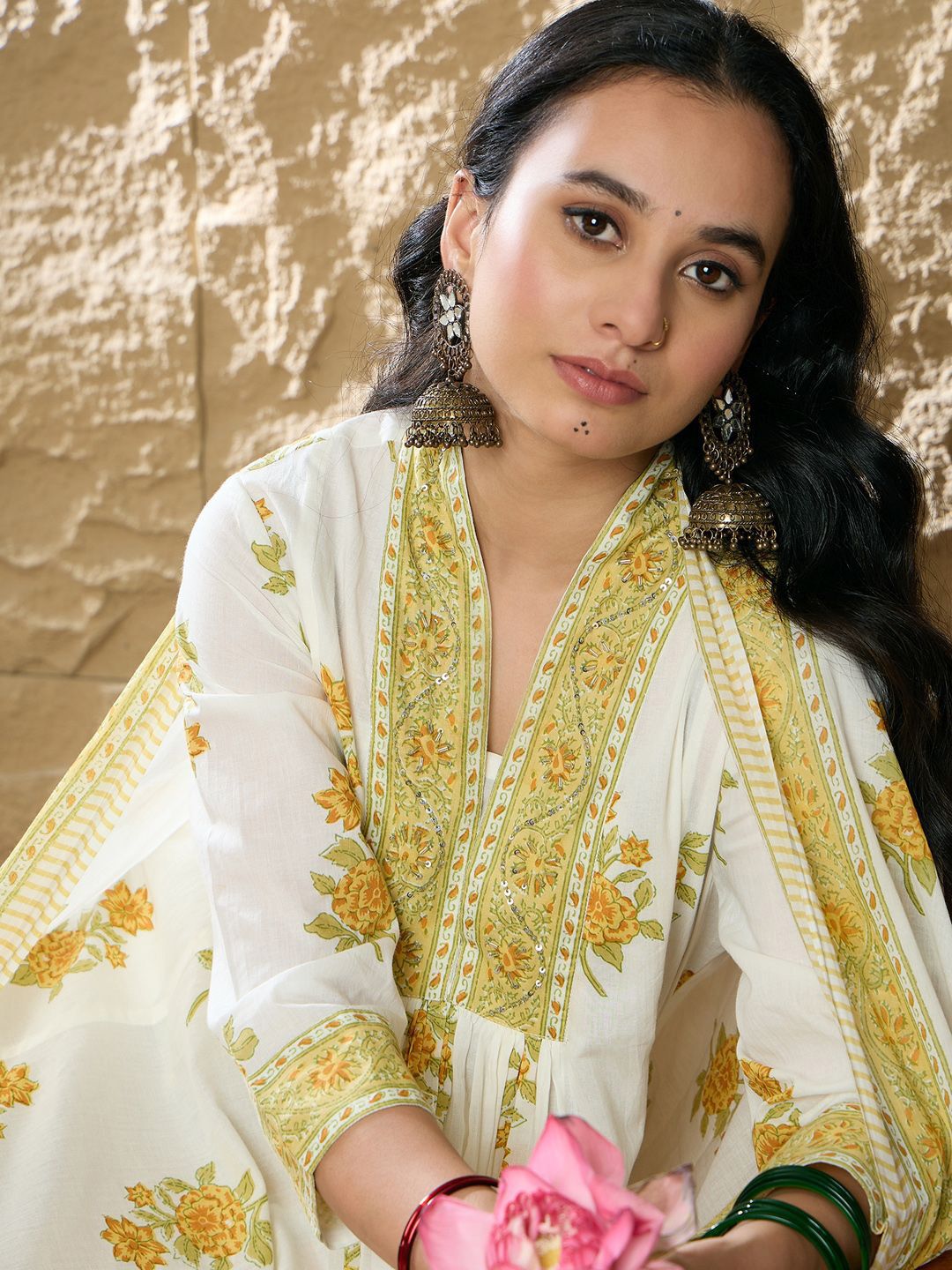 Indo Era Women Floral Printed Pleated Pure Cotton Kurta with Trousers & Dupatta