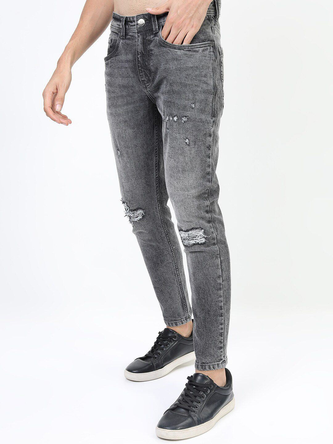 LOCOMOTIVE Men Grey Slim Tapered Fit Mildly Distressed Heavy Fade Stretchable Jeans