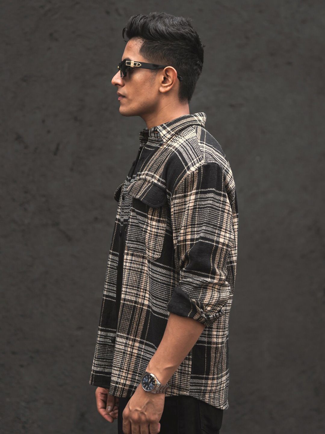 Powerlook Black India Slim Tartan Checked Oversized Casual Shirt